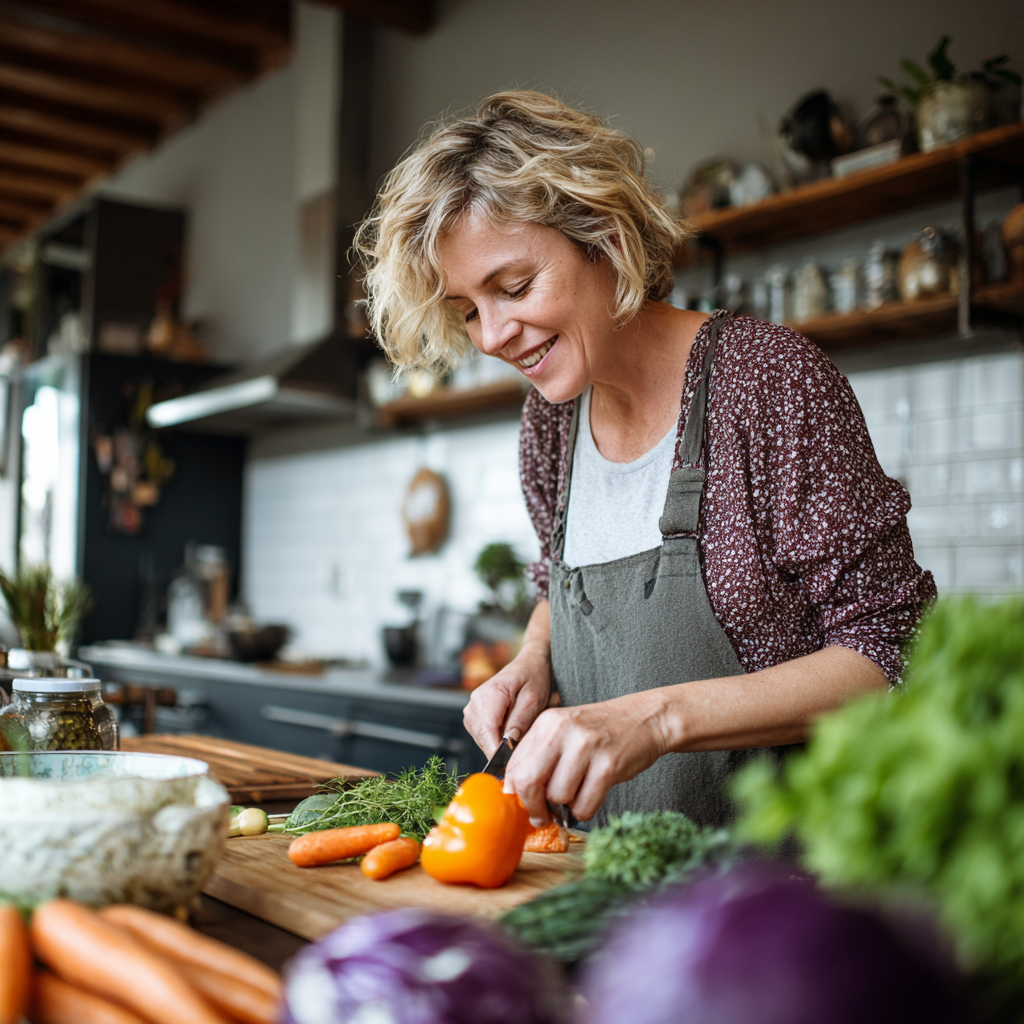 Middle-aged woman preparing fresh vegetables in modern kitchen